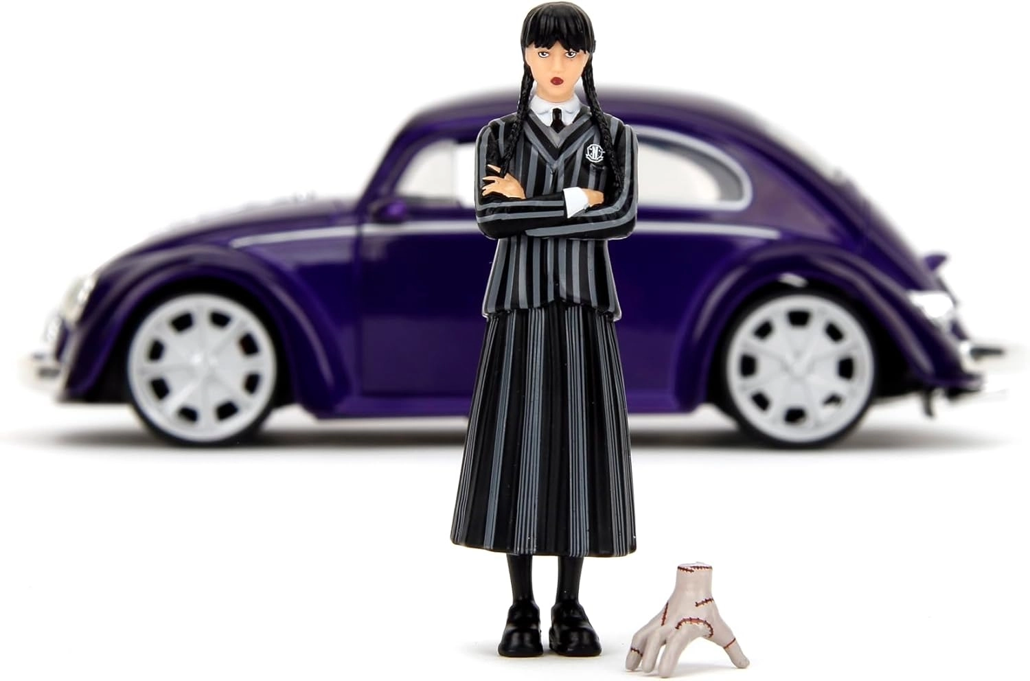 Jada Wednesday Addams & Thing Figürü ve Volkswagen Beetle Araç 1:24 Die Cast 