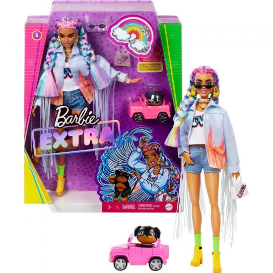 Barbie Extra - Renkli Örgü Saçlı Kot Ceketli Bebek Köpek Figürü İle 3-9 Yaş Arası Kızlar İçin İdeal Bir Hediye Grn29