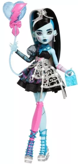 Monster High Siyah parti elbisesi giyen Doğum Günü Frankie Stein bebek ve davetiye, balon, hediye ve ruj gibi temaya uygun aksesuarlar, JBG75