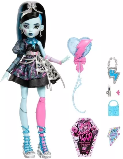 Monster High Siyah parti elbisesi giyen Doğum Günü Frankie Stein bebek ve davetiye, balon, hediye ve ruj gibi temaya uygun aksesuarlar, JBG75