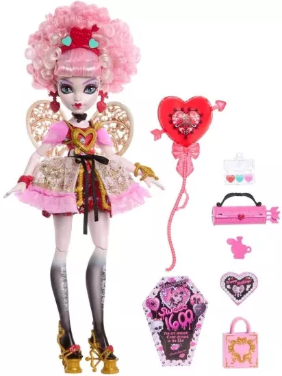 Monster High Pembe ve kırmızı parti elbisesi giyen Havalı Doğum Günü Cupid Asteria bebek ve davetiye, balon, hediye gibi temaya uygun aksesuarlar, JBG77