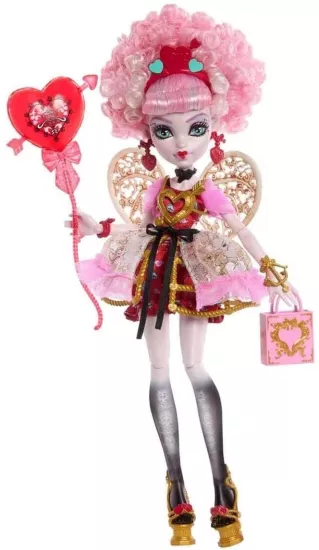 Monster High Pembe ve kırmızı parti elbisesi giyen Havalı Doğum Günü Cupid Asteria bebek ve davetiye, balon, hediye gibi temaya uygun aksesuarlar, JBG77