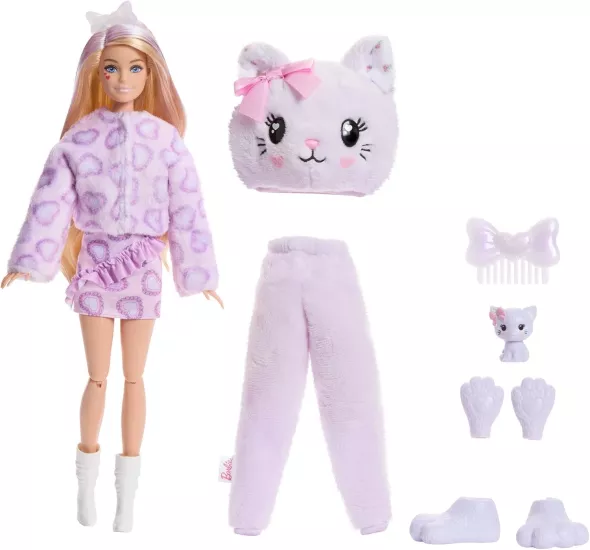 Barbie Cutie Reveal bebek ve aksesuarları, Yumuşak Dostlar Serisi kedicik, renk değişimi ve mini evcil hayvan dahil 10 sürpriz, JJP64