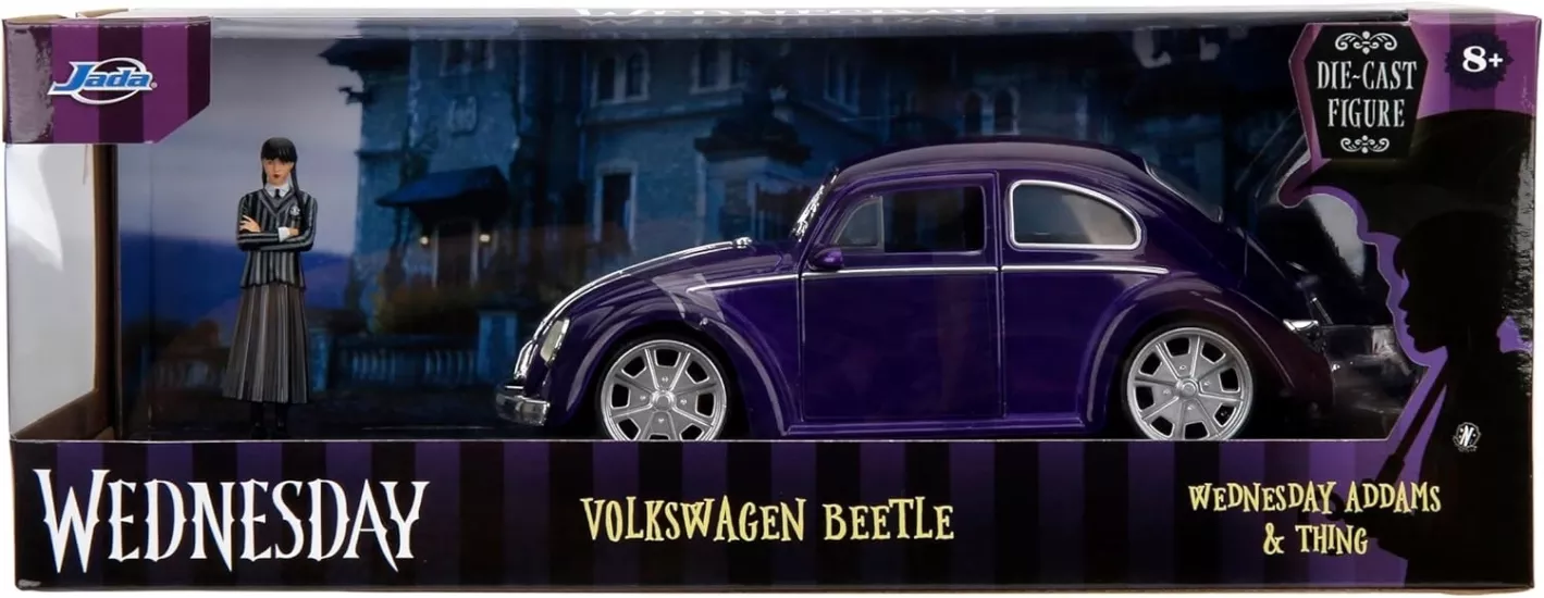 Jada Toys - 1:24 Wednesday 1972 VW Beetle with Wednesday & Thing Figures - Yetişkinler ve Çocuklar için Koleksiyon Oyuncak