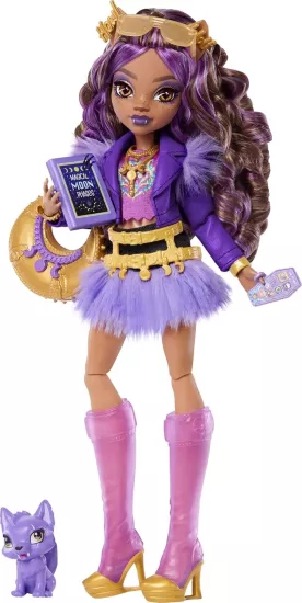 Monster High Mor motosiklet ceketi ve tüylü etek giyen Monster High Clawdeen Wolf bebek, kurt Crescent ve kitap, kruvasan ve çanta gibi 7 aksesuar, JHK30