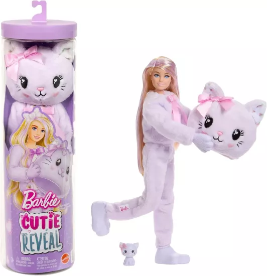 Barbie Cutie Reveal bebek ve aksesuarları, Yumuşak Dostlar Serisi kedicik, renk değişimi ve mini evcil hayvan dahil 10 sürpriz, JJP64