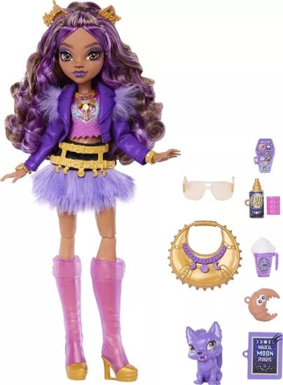 Monster High Mor motosiklet ceketi ve tüylü etek giyen Monster High Clawdeen Wolf bebek, kurt Crescent ve kitap, kruvasan ve çanta gibi 7 aksesuar, JHK30