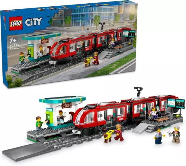 LEGO City Şehir Merkezi Tramvay İstasyonu 60423-7 Yaş ve Üzeri Kız ve Erkek Çocuklar için 6 Minifigür ve 1 Yardımcı Köpek Figürü İçeren Araç Yapım Seti, Doğum Günü Hediyesi Fikri (811 Parça)