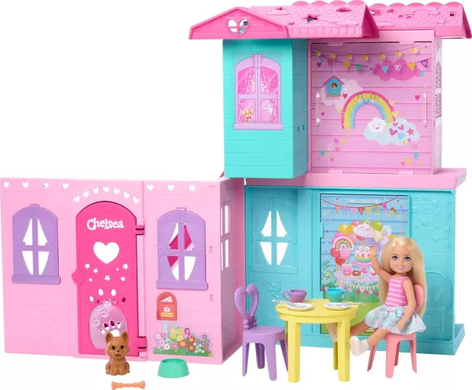 Barbie Chelsea oyuncak bebek evi, 15’ten fazla aksesuar içeren +43 x +33 cm’e kadar genişleyebilen açılır ev, 5 oyun alanı ve kaydırak, küçük bebek ve köpek figürü, JFW49