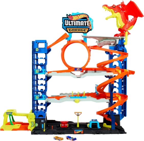 Hot WHeeLS Yeni Ultimate Garaj, 2 Döküm Araba içeren Oyun Seti, 50’den fazla 1:64 Ölçekli Araba için Oyuncak Depolama, 4 Seviyeli Pist Oyunu, Ejderhayı Yen
