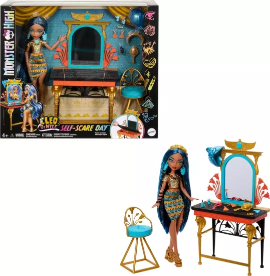 Monster High Cleo De Nile Bakım Günü bebek, saklama alanı olan makyaj masası, saç ve takı aksesuarlarıyla oyun seti